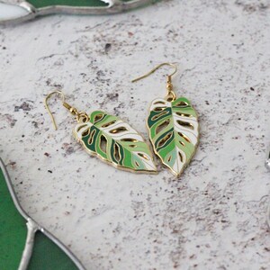 Monstera Obliqua Leaf Earrings Gold Color Hard Enamel Jewelry image 3
