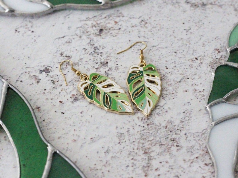 Monstera Obliqua Leaf Earrings Gold Color Hard Enamel Jewelry image 3