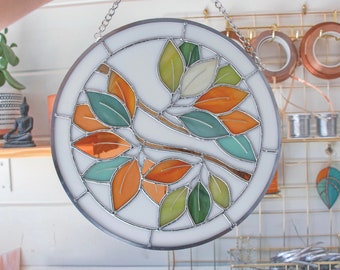 Leaf Wreath Stained Glass Panel - Sun Catcher Window Decor