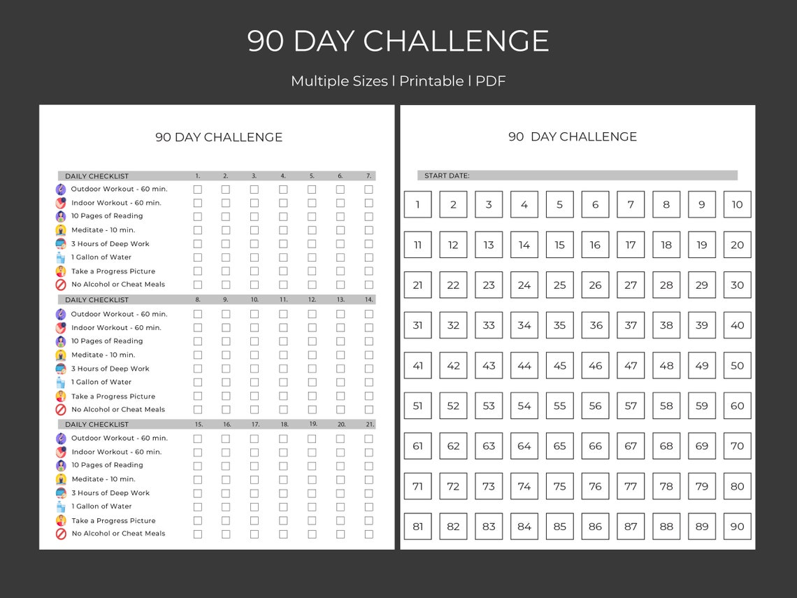90 Day Challenge Tracker – Printable Tracker/checklist &amp; Calendar ...