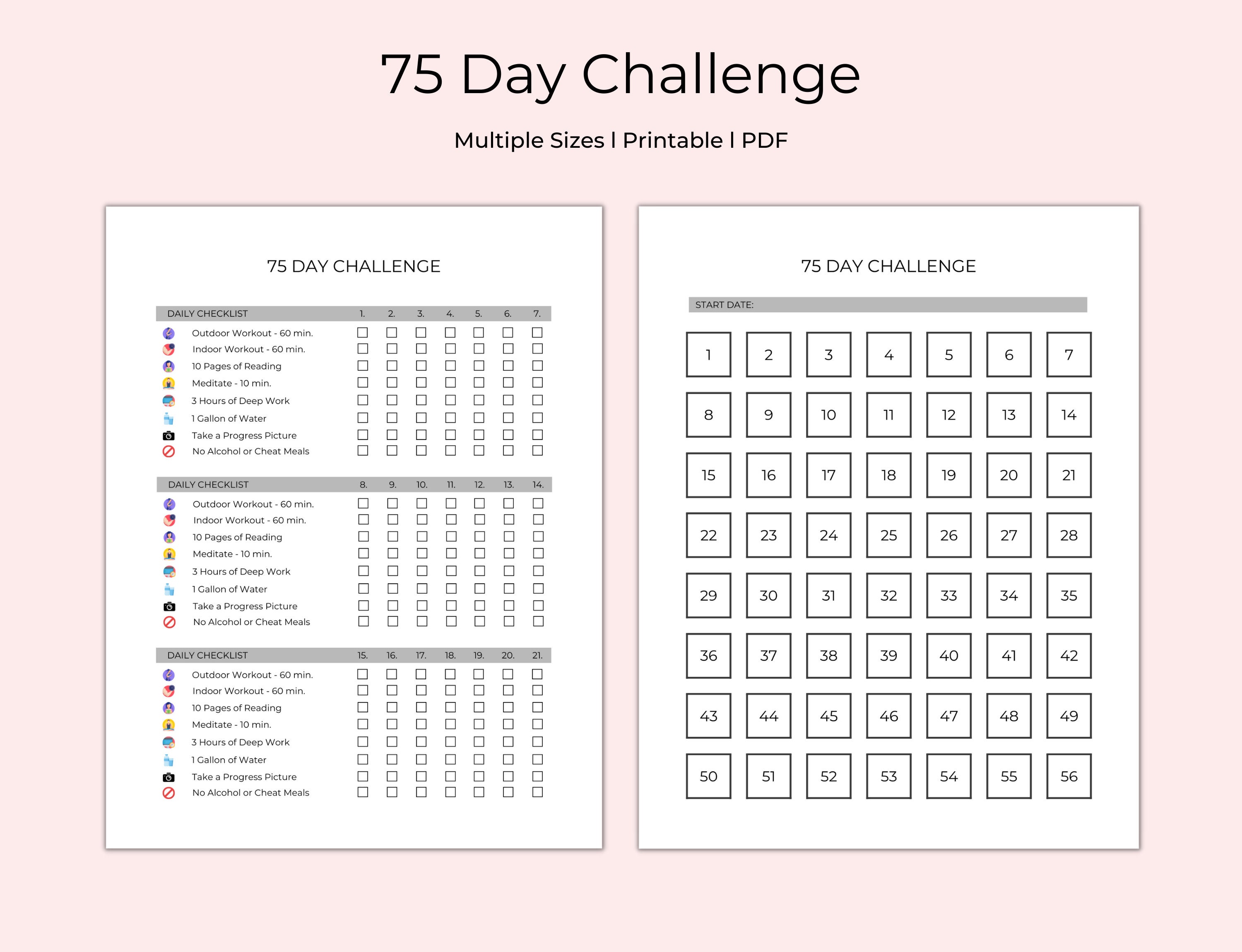 75 Day Gray Challenge Tracker Printable tracker/checklist & Calendar