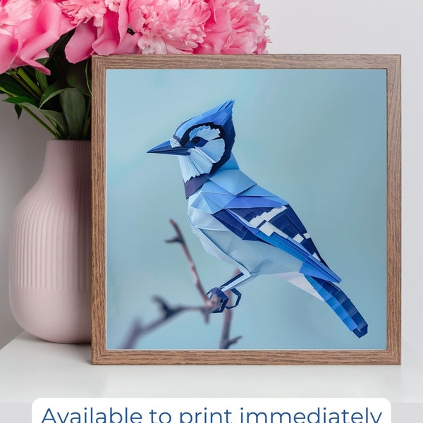 Large Blue Jay Art | Digital Prints Origami Bird Art |  | Songbird Wall Art | Gift for Birders |  Blue Jay Square Artwork 24"x24", 12"x12"