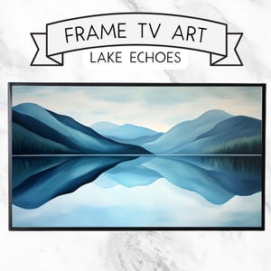 Puede incluir: Una pintura enmarcada de un lago de montaña con un reflejo de las montañas en el agua. La pintura está en tonos de azul y blanco.