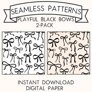 以下が含まれることがあります： 白と薄いピンクの背景に黒いリボンが描かれた、シームレスなパターンが2つあります。パターンの上に「Playful Black Bows 2-Pack」というテキストが表示されています。パターン下に「インスタントダウンロード デジタルペーパー」というテキストが表示されています。