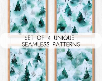 4 Pack Blue Watercolor Landscape | Green Winter Seamless Pattern | Digital Download Paper Pack | Holiday Scrapbook | Journal Paper Pack