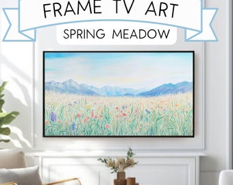 Spring Meadow Frame TV Digital Download | Wildflowers  Mountains Landscape Artwork Instant Download 4K JPG Frame TV Art | Floral Scenic Art