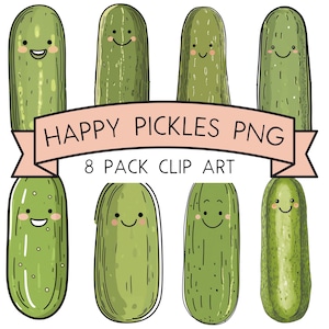 Clip Art di sottaceti felici illustrati in verde oliva, confezione da 8, sottaceti sorridenti carini PNG / sottaceti stampabili Cricut POD Sublimazione, pacchetto di sottaceti PNG