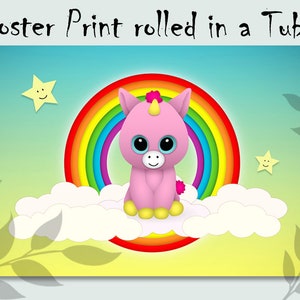 PINK UNICORN Nursery Wall Art POSTER, Red Yellow Blue Green 1st Baby Girls Room decoration, Rainbow Playroom Paper Print, Greeting Card gift