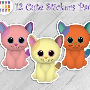 Cute Kitten Stickers Bundel, 12 Vinyl Kiss Cut Pack, Paars ROOD Geel Roze Groen Blauw KATTEN, Kerst Mooie Meisje Decor Geschenken, Black Friday