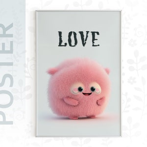 Decoração de parede rosa LOVE, pôster de arte de provérbios de AI, arte de alerta de animal no meio da jornada, frase dizendo criatura sonhadora, decoração para impressão de sala de jogos