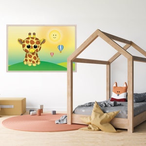 Affiche de pépinière de girafe marron, art mural de chambre de garçon de décor de safari vert, soleil souriant jaune, impression de papier de salle de jeux de ballon bleu rouge, carte de voeux