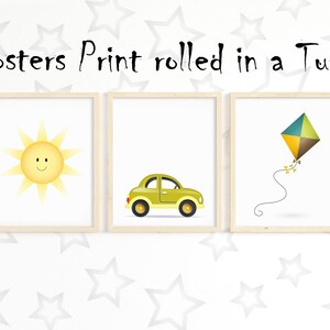 Kids Vehicle Posters Decor, Khaki CAR SET di 3, Boys Yellow Shining Sun, Green Matte Paper Print, Kite Greeting Card, Grey Baby Wall Artwork