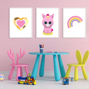 Affiches de chambre de filles minimalistes roses, ensemble de 3 décorations murales mignonnes de coeur de licorne, carte de voeux d'art d'arc-en-ciel de pépinière pastel, oeuvre d'enfant, sans cadre