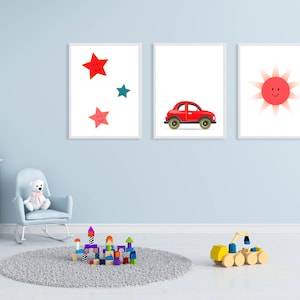 ENSEMBLE ROUGE de 3 affiches, art mural de chambre d'enfant de voiture, décor de soleil de salle de jeux pour enfants, impression d'art mural de belles étoiles, cadeau d'affiche de chambre d'enfant de Noël, sans cadre