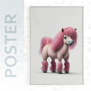 Póster caprichoso de PONY ROSA para la habitación de tu niña, póster de pared minimalista, regalo de guardería de CABALLO pastel, obra de arte de animales para niños a mitad del viaje