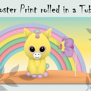 Mädchen Pastell EINHORN Poster Wanddeko, Niedliche REGENBOGEN & Blumen Spielzimmer Dekoration, Gelb Grün Lila Kinderzimmer Kunst, Schöne Grußkarte Kunst