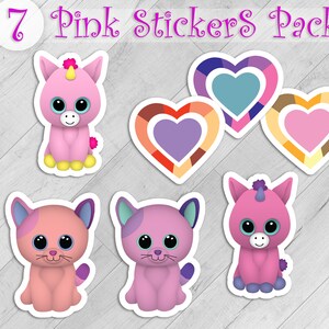 ROZE Stickers Bundel, Cute Kitten, Pack van 7 Mooie Decor, UNICORN Black Friday Gift, Paars HART, Cat Vinyl Kiss Cut, Christmas Girls Art