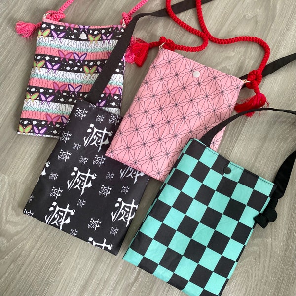 Japanese Anime Pattern bag, Kids Shoulder bag, Adjustable strap, Quilt Interfacing, Kimono print bag, Inspired slayers, Gift for Kids