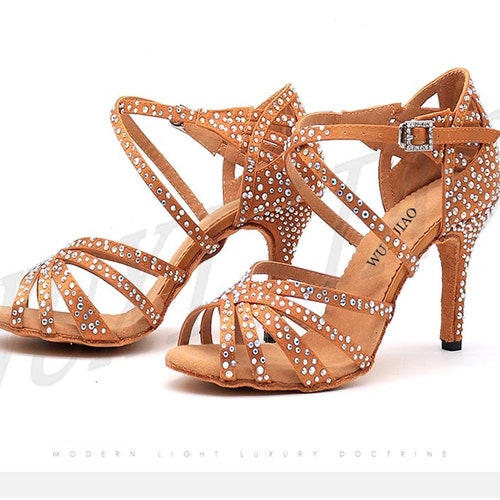 Women Party Dance Shoes Satin Shining rhinestones Soft Bottom Latin Dance Shoes Woman Salsa Dance Shoes shops heel5CM-10CM