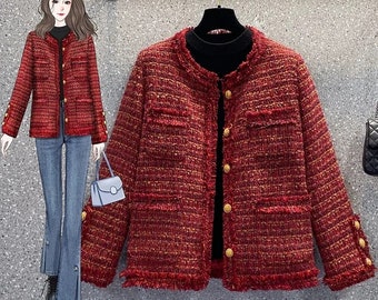 Red Vintage Tweed Jacket Women Fashion O-Neck Single Breasted Thick Short Jackets Chic Lady Small Fragrance Style Coat Top