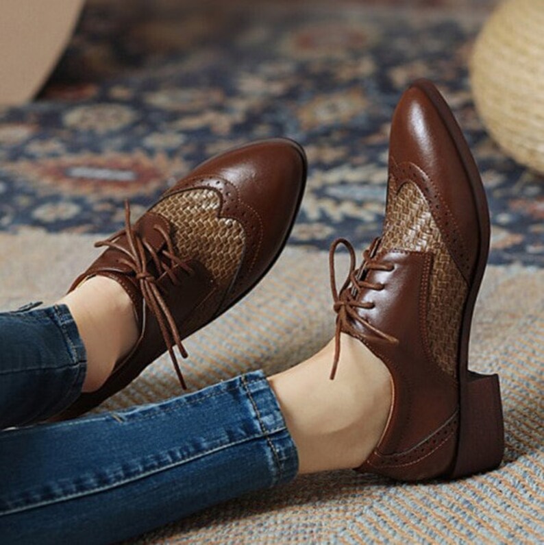 Retro Oxford Shoes Women Square Heel Shoes Brogue Lace up Etsy