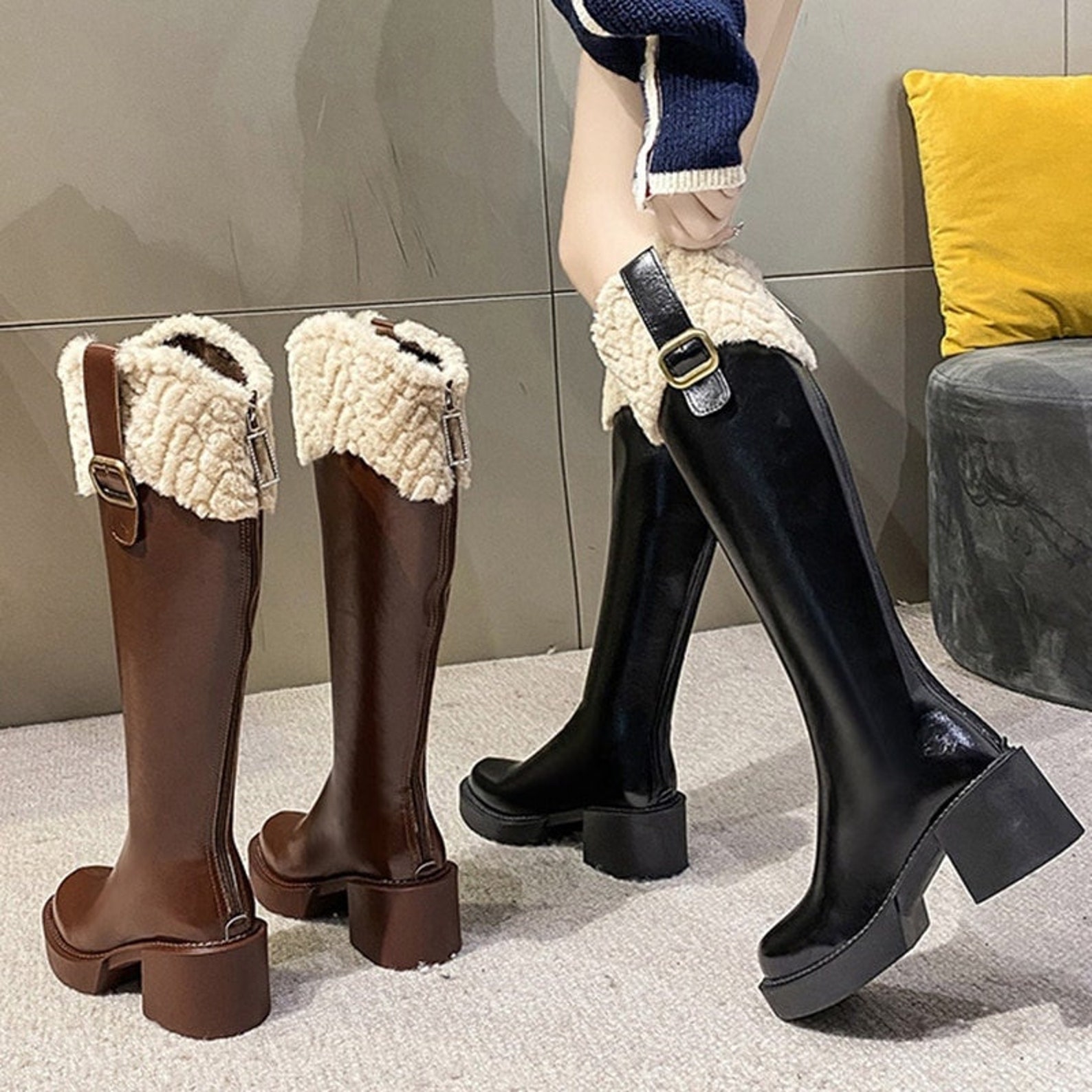 Women Knee High Chelsea Boots Winter Warm New Furry Casual Etsy