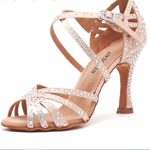 Women Party Dance Shoes Satin Shining rhinestones Soft Bottom Latin Dance Shoes Woman Salsa Dance Shoes shops heel5CM-10CM