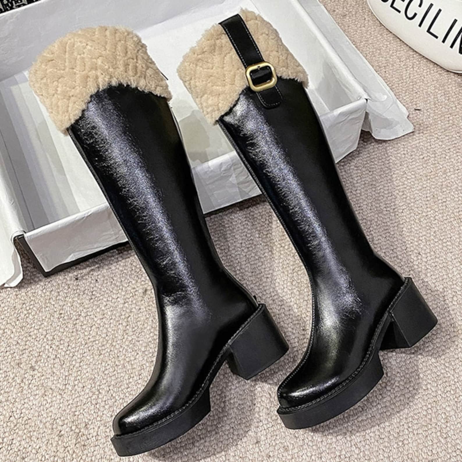 Women Knee High Chelsea Boots Winter Warm New Furry Casual Etsy