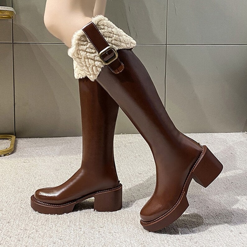 Women Knee High Chelsea Boots Winter Warm New Furry Casual Etsy