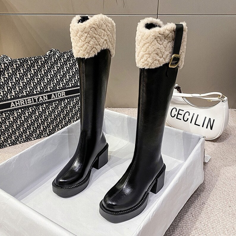 Women Knee High Chelsea Boots Winter Warm New Furry Casual Etsy