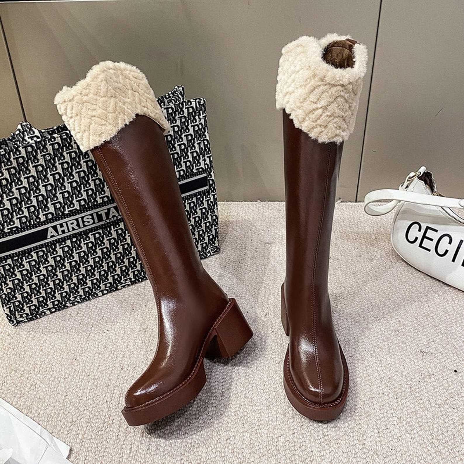 Women Knee High Chelsea Boots Winter Warm New Furry Casual Etsy