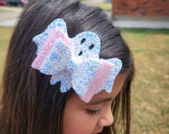 Pink Glitter Ghost Hair Bow, Halloween Hair Clip, Kids Spooky Accessory, Cute Girls Hair Bow