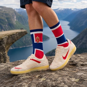 May include: A pair of crew socks featuring a red, white, and blue pattern with a gold crown and lion emblem, worn with off-white athletic sneakers that have red swoosh logos and translucent gum soles, shown on a pair of lower legs.