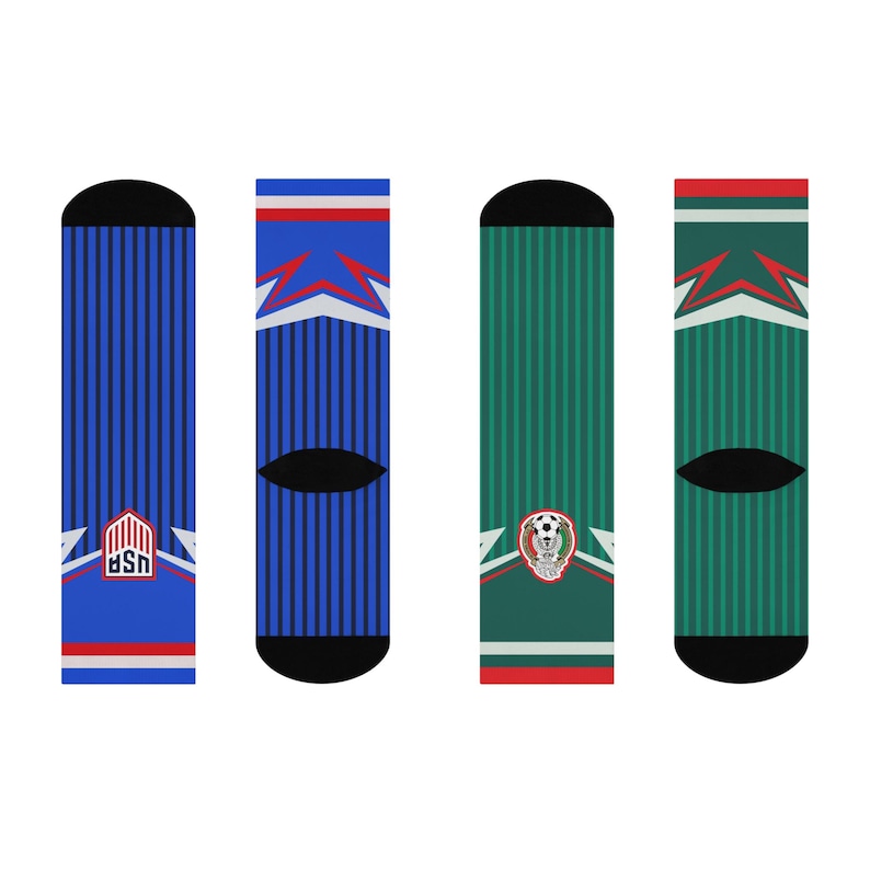 Calcetines de fútbol con diseños diferentes de México y Estados Unidos / Diseño retro de la camiseta del Mundial 2014 / Regalo mexicano-americano / Para aficionados al fútbol de El Tri y la selección nacional de Estados Unidos imagen 5