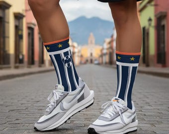 Rayados Style Soccer Socks - SR4 Inspired Football Gear - Blue and White Striped Monterrey Fan Gift - Mexico Soccer Apparel