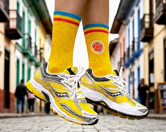 Colombian Football Socks Yellow Jersey Pattern - Butterfly Graphic Streetwear - Colombia Soccer Gift for Him Her, Latino Culture Aesthetic