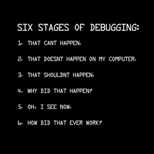 May include: A black and white text-based image with the title "Six Stages of Debugging:" followed by six numbered stages of debugging, each with a humorous statement about the process of debugging code.