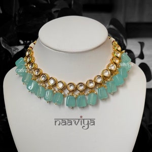 Kundan Necklace / Kundan Stud Earrings   Mint Green Necklace / Handmade Indian Jewelry / Bridesmaid Jewelry / Delicate Jewery Gold Necklace