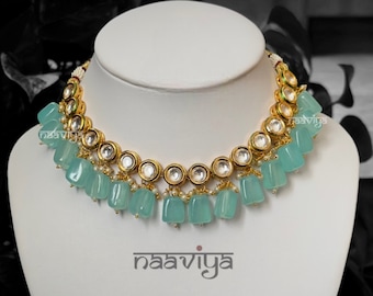 Vergoldete Kundan Halsketten-Set mit Ohrringen, Mint-Halsketten-Set, Handgemachter Kundan-Schmuck, Zurück Minakari Kundan Halskette, Brautjungfer Schmuck
