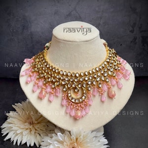 Gold Plated Kundan Necklace Earring Set: Pink Indian Jewelry
