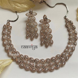 Rose Gold American Diamond Necklace Set: Victorian Bridal Jewelry