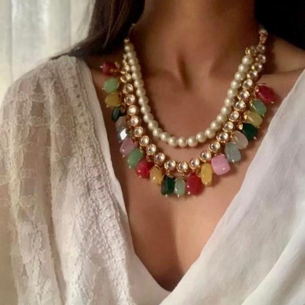 kundan necklace/ layered kundan necklace rani haar/ kundan earrings/  Indian jewelry multi coloured necklace/  Sabyasachi jewelry