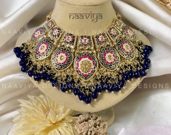 Kundan-ketting set/ Kundan-oorbellen/ Kundan Maangtika/ koningsblauwe ketting set/Minakari-sieraden/handgemaakte Indiase sieraden