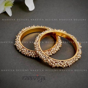 Handmade Pearl Cluster Bangles: Gold Plated Indian Kadas (Set of 2)