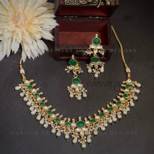 Handgefertigte Echt Pach Kundian Halskette Set mit Ohrringen, Vergoldet, Silber Rückseite Foil Schmuck, Kundan Choker, Kundan Ohrringe Bild 4