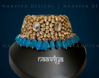 Kundan Choker Necklace Set with Earrings and Maangtika, Phirozi Blue, Bridal Jewelry Handmade Indian Jewelry