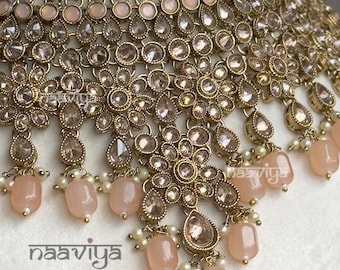 Antique Gold Polki Choker Set with Earrings and Maangtika, Bollywood Jewelry, Chanbali Earrings, Polki Choker, Bridal Jewelry