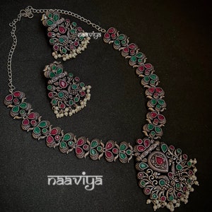 Oxidized Silver Necklace Set: Indian Temple Jewelry with Pearls