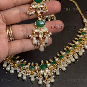 Handgefertigte Echt Pach Kundian Halskette Set mit Ohrringen, Vergoldet, Silber Rückseite Foil Schmuck, Kundan Choker, Kundan Ohrringe Bild 5