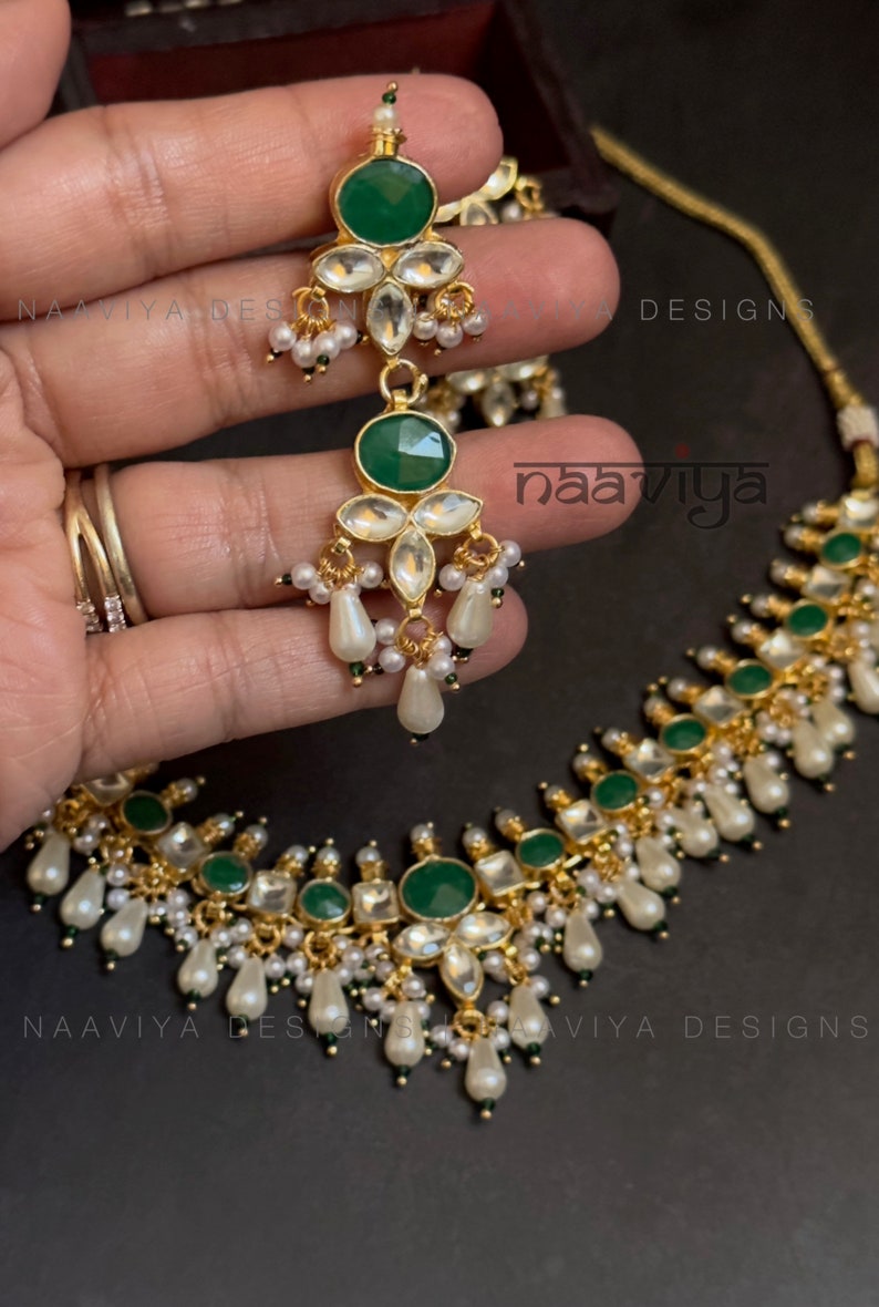 Handgefertigte Echt Pach Kundian Halskette Set mit Ohrringen, Vergoldet, Silber Rückseite Foil Schmuck, Kundan Choker, Kundan Ohrringe Bild 5